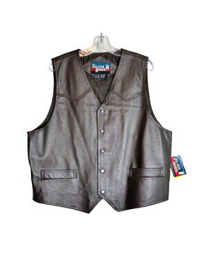 Silver Rider Mens Brown Leather Vest XL Snap Front Pockets Western Style NWT